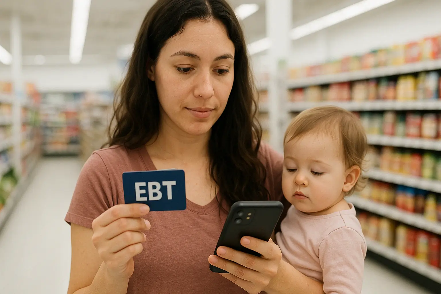 SNAP recipient using a free government phone in a grocery store with an EBT card. SNAP recipient using a free government phone in a grocery store with an EBT card.