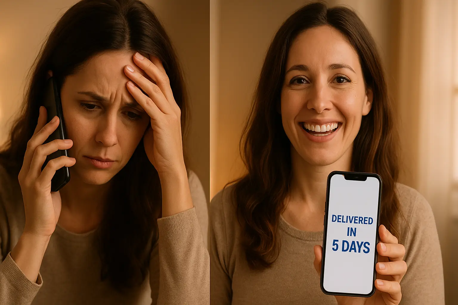 Before-and-after split image of a woman missing a call, then holding her delivered free smartphone with a smile. Before-and-after split image of a woman missing a call, then holding her delivered free smartphone with a smile.