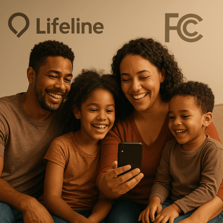 Illustration of a family using a smartphone while reviewing Lifeline information.