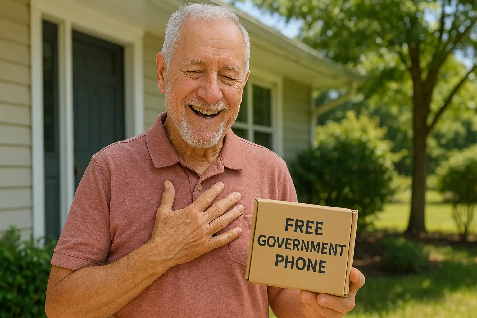 Senior citizen holding a free government phone box delivered to his home. Senior citizen holding a free government phone box delivered to his home.