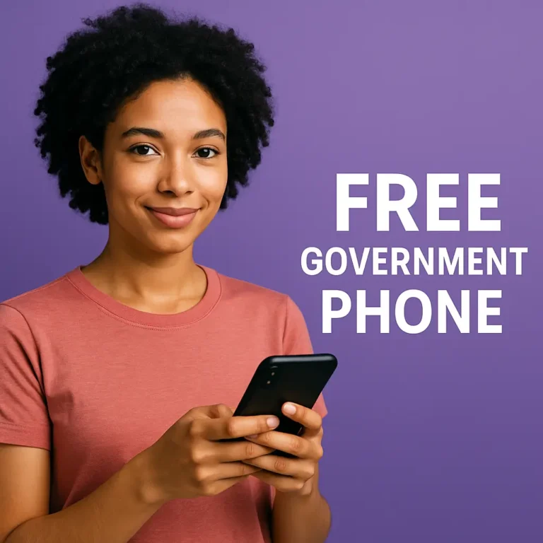 Young woman smiling while using her free government smartphone through the Assurance Wireless Lifeline program, promoting communication access for low-income users in the USA.